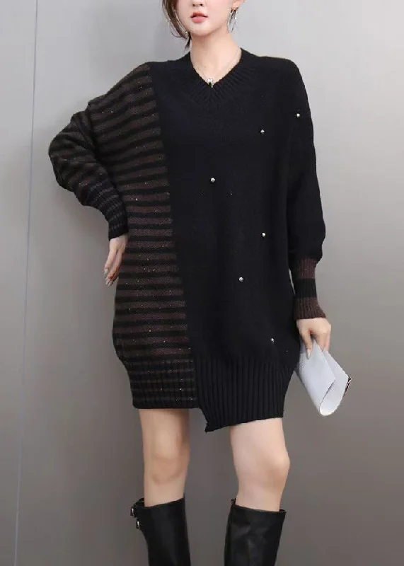 Chic Outfits Style Colorblock Thick Striped Nail Bead Cotton Knit Sweaters Winter