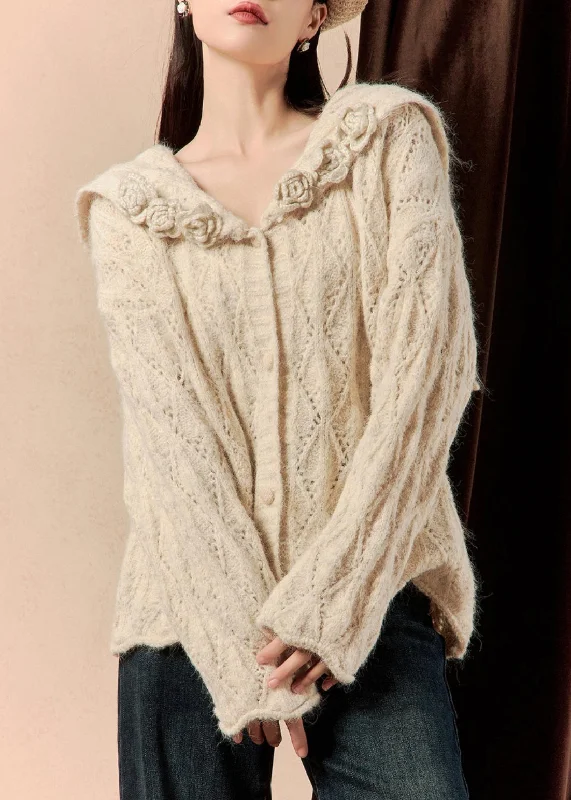 Playful Style Floral Beige Button Hollow Out Knit Sweaters Spring