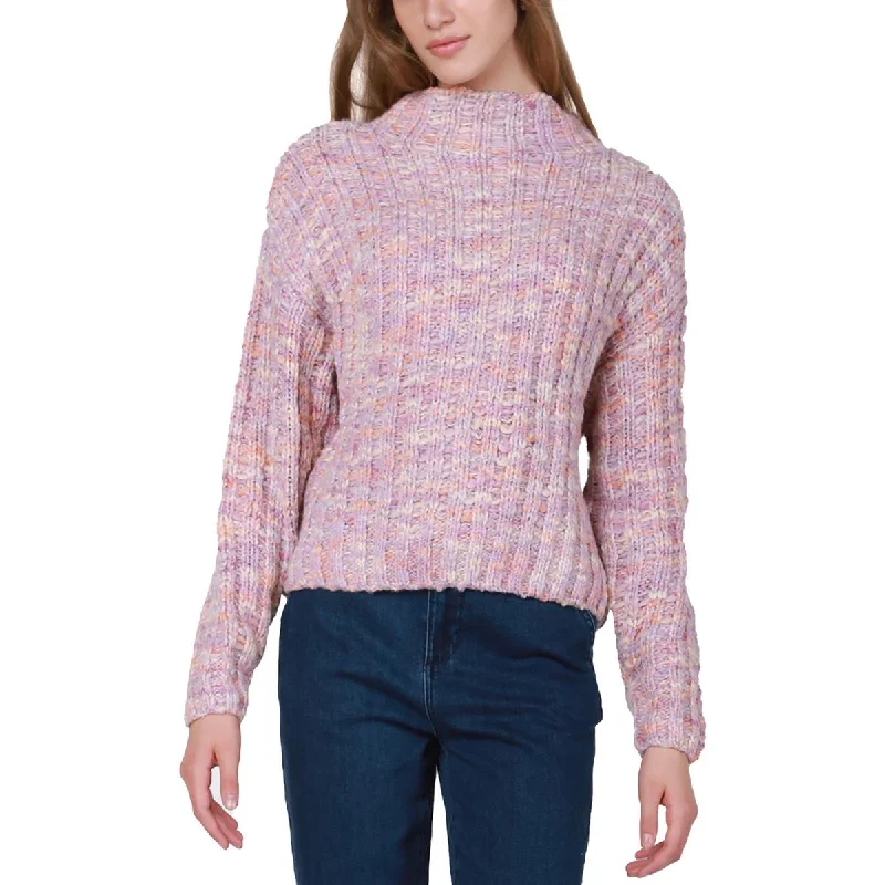 Youthful Vitality Black Tape_ Womens Open Stitch Knit Funnel-Neck Sweater