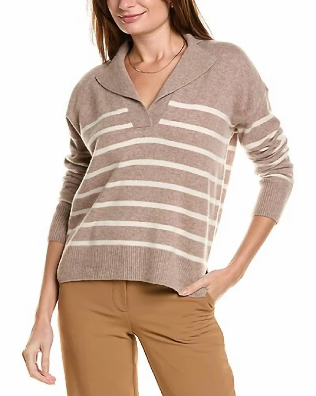 Warm Winter Series Notch Collar Stripe Sweater In Mocha