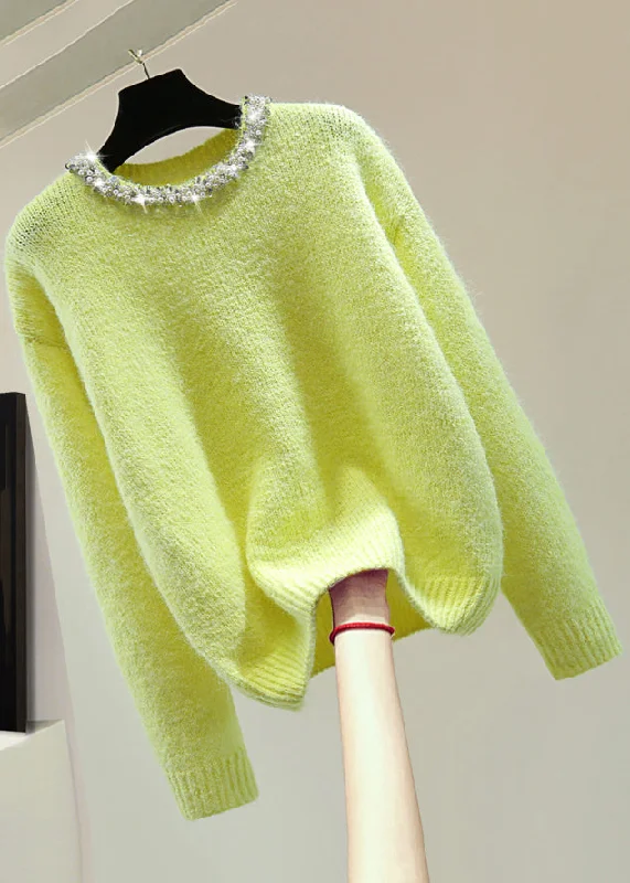 Everyday Outfits Fine Light Green O-Neck Nail Bead Cotton Knit Sweaters Winter