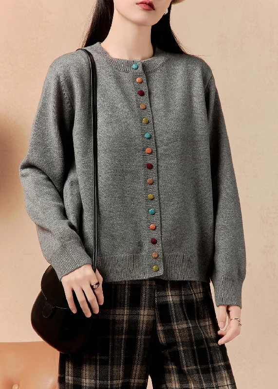 Embroidered Letters Simple Grey O Neck Button Cozy Knit Sweater Winter