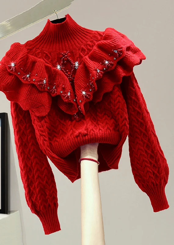 Timeless Outfits French Red Turtleneck Cotton Knit Sweater Winter
