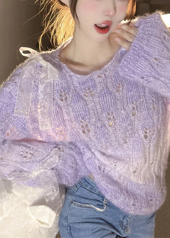 Fashion Must-have French Purple O Neck Bow Ma Hai Mao Knitted Sweaters Fall