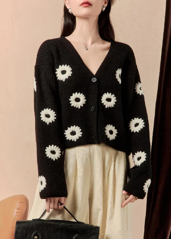 Ultra-lightweight Women Black V Neck Button Floral Knit Sweaters Winter