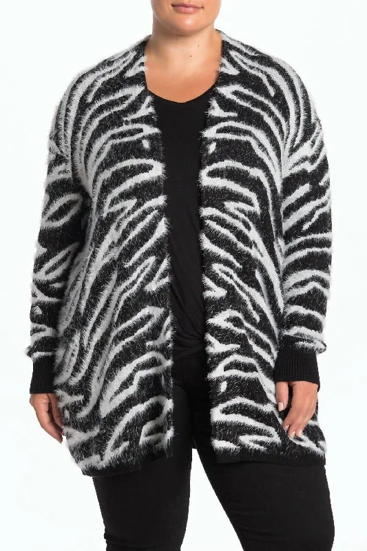 Design And Tailoring Women's Zebra Print Open Front Eyelash Cardigan In Black-Ivory