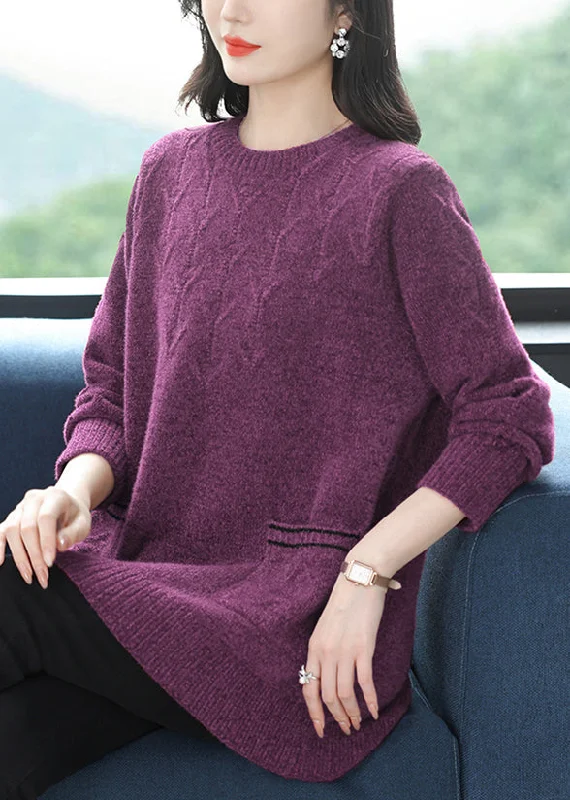 Sporty Elegance Italian Purple O Neck Pockets Thick Woolen Knit Sweaters Winter