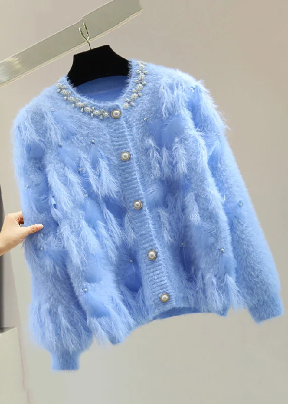 Comfortable Tops Handmade Blue Nail Bead Patchwork Tassel Solid Cotton Knit Sweaters Winter