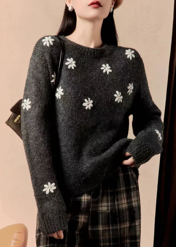 Exquisite Details Floral Grey O Neck Cozy Thick Cotton Knit Sweater Winter