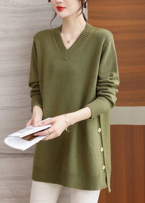 Cozy Sweaters Italian Green V Neck Button Patchwork Woolen Sweaters Winter