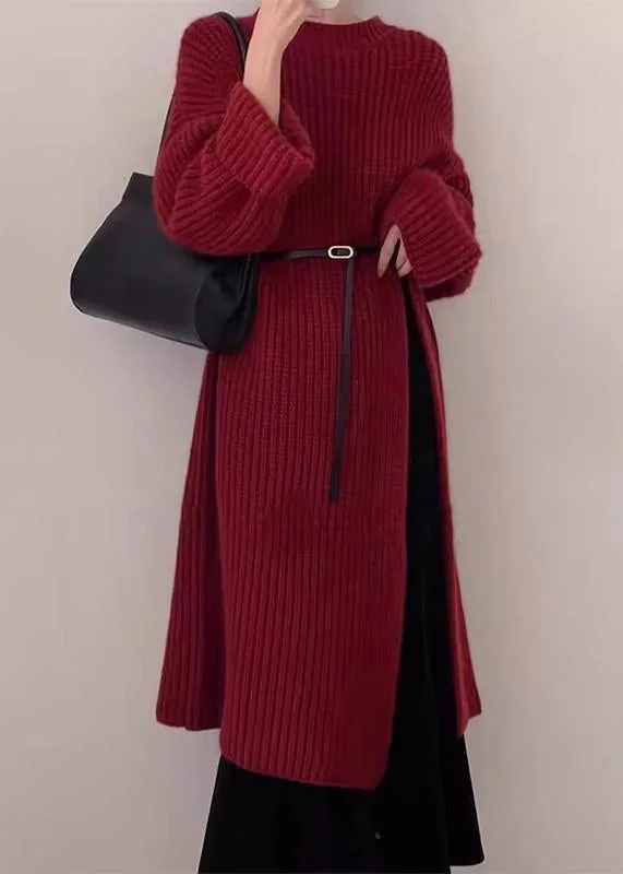 Ethnic Style Chic Red O Neck Side Open Knit Long Sweater Winter