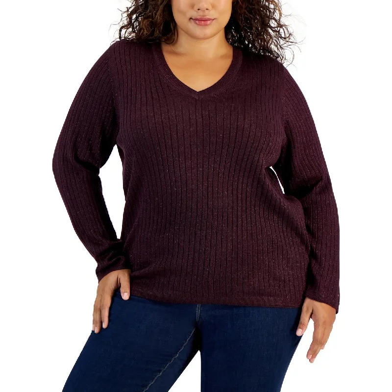 Relaxed Wear Tommy Hilfiger Womens Plus Metallic V-Neck Pullover Sweater