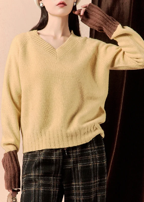 Simple Solid Color Simple Yellow V Neck Patchwork Knit Sweater Winter
