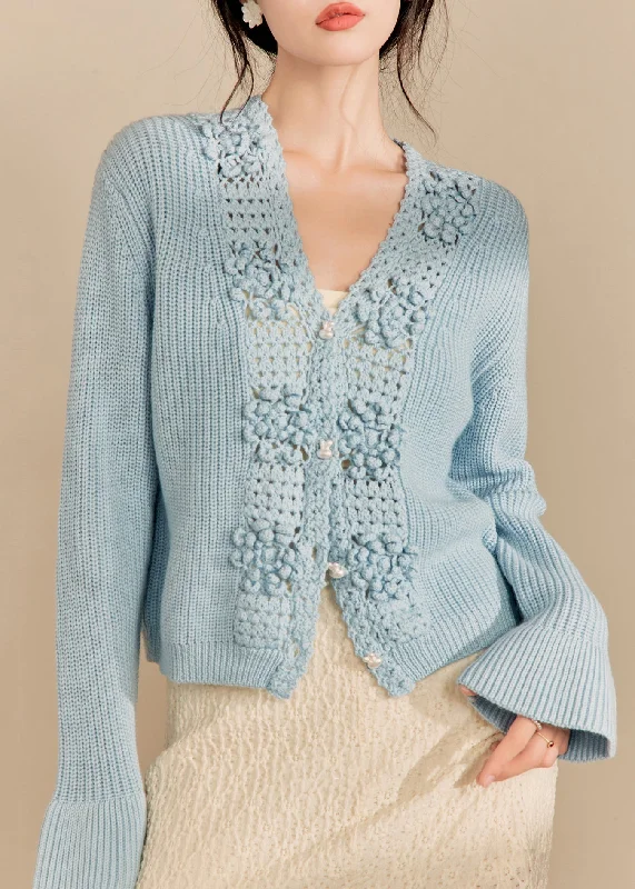 Classic Choice French Blue Button Hollow Out Knit Sweaters Flare Sleeve