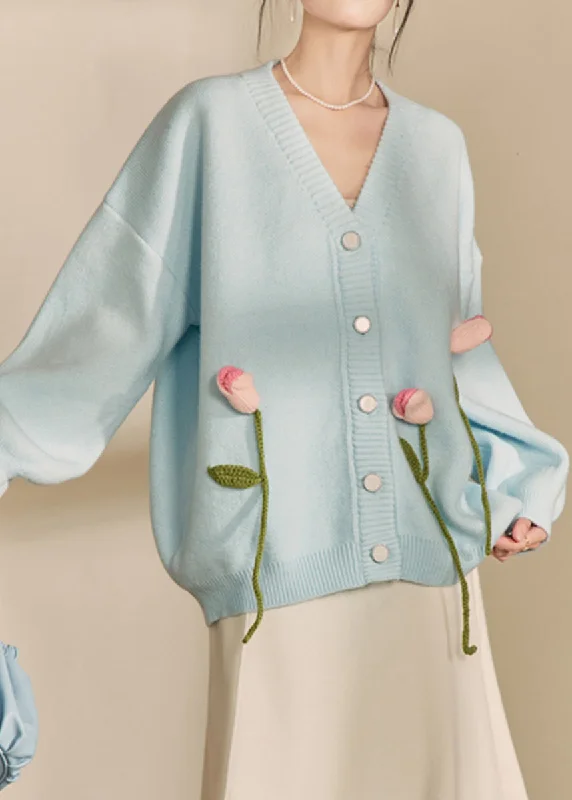 Cozy Chic Loose Blue V Neck Button Patchwork Knit Cardigan Spring