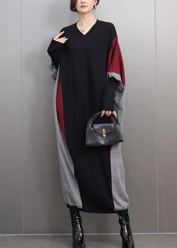Romantic Temperament French Red V Neck Patchwork Cozy Cotton Knit Sweater Dress Batwing Sleeve