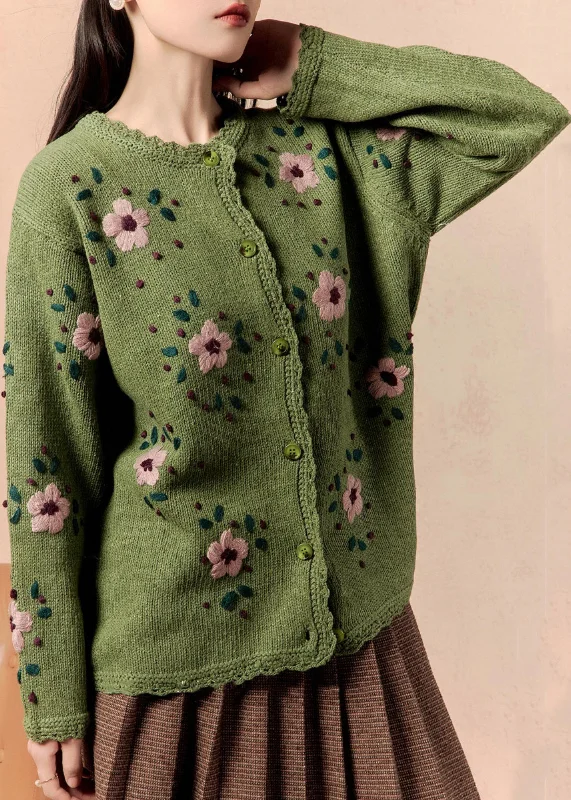 Advanced Customization Art Green Floral Button Knit Cardigan Winter