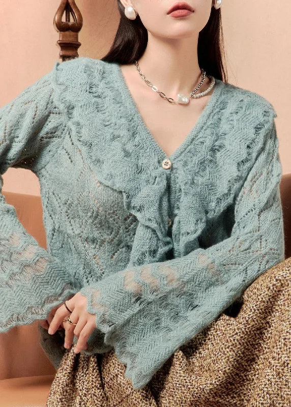 Retro Prints New Blue V Neck Hollow Out Knit Sweater Flare Sleeve