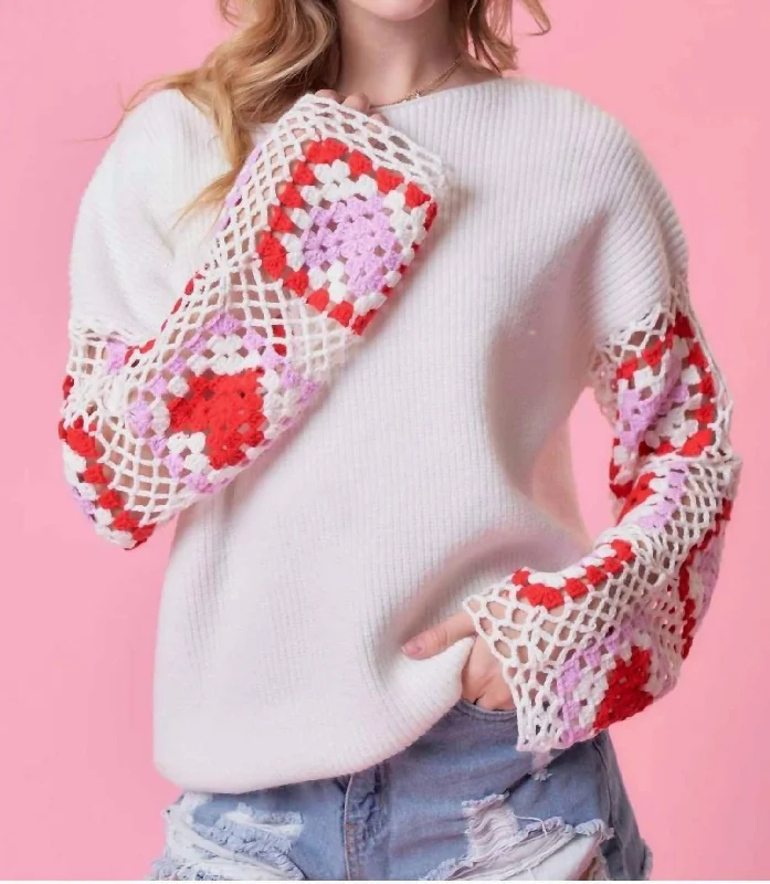 Comfortable Chic Crochet Heart Sleeve Sweater In White