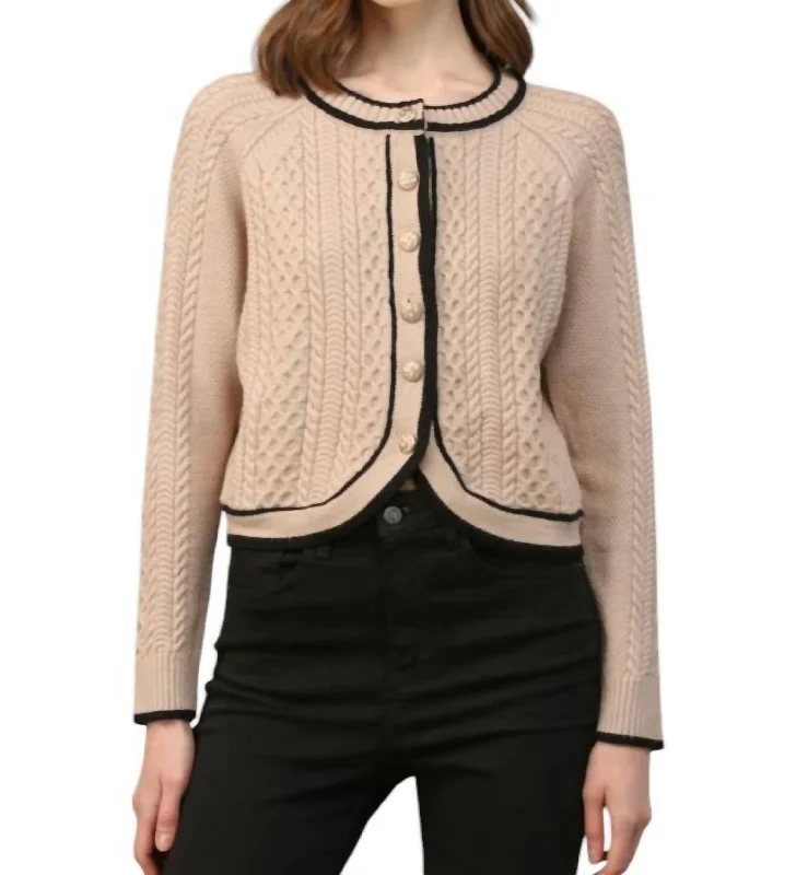 Slightly Flared Design Bailey Cable Knit Cardigan With Contrast Trim In Taupe/black