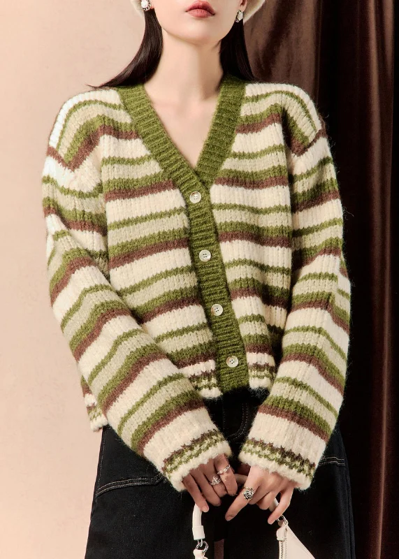Classic Series Green Striped Button Original Design Knit Sweater V Neck Winter