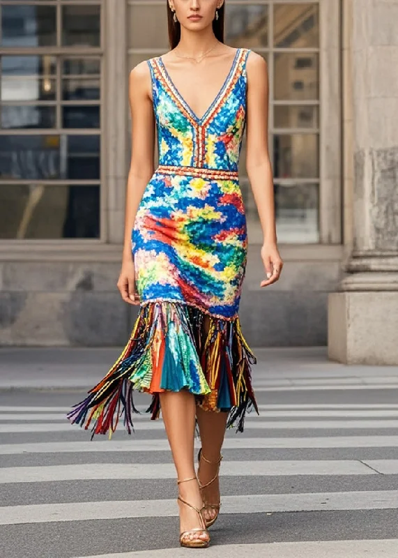 Lazy Home Beautiful Multicolou Print Knit Dresses Tasseled Summer