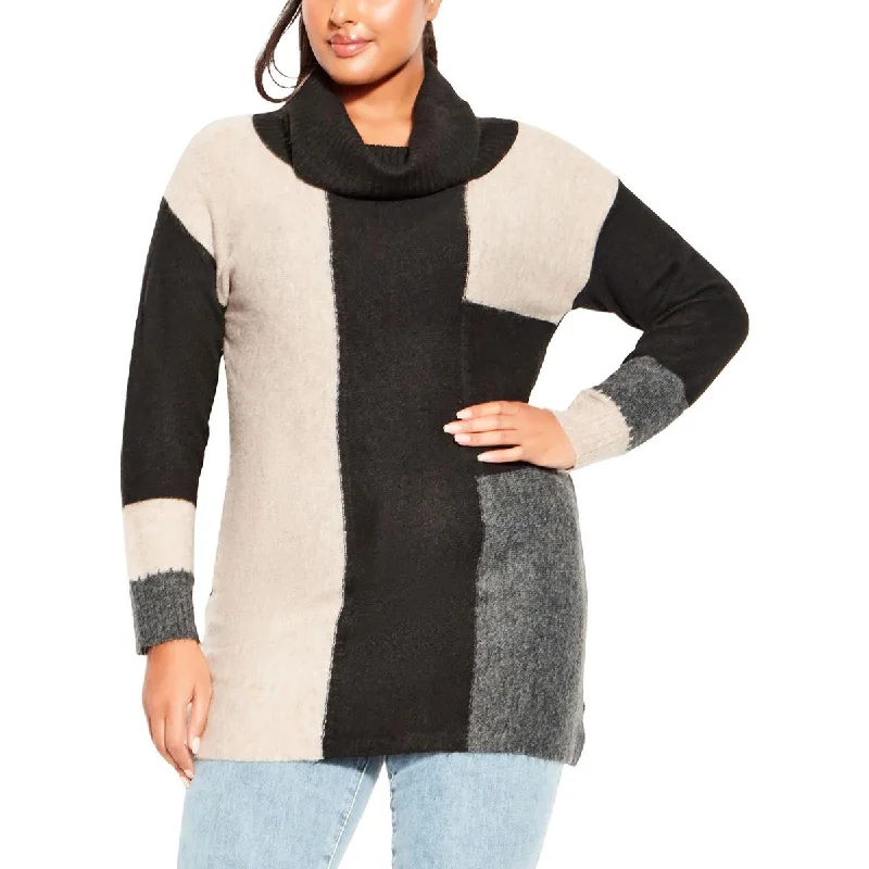 Layered Style Evans Womens Plus Cowl Neck Colorblock Pullover Sweater