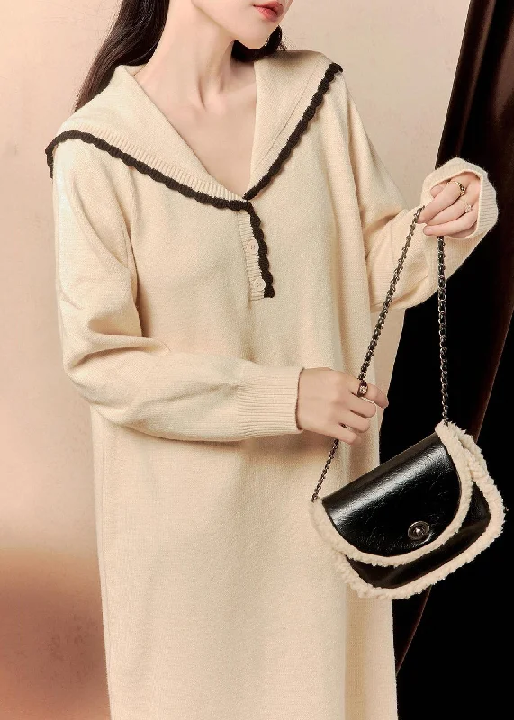 Everyday Outfits Elegant Beige Sailor Collar Button Knit Dress Winter
