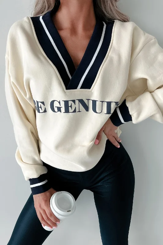 Cozy Lounge Wear "Be Genuine" Varsity Stripe Graphic Sweater (Cream)