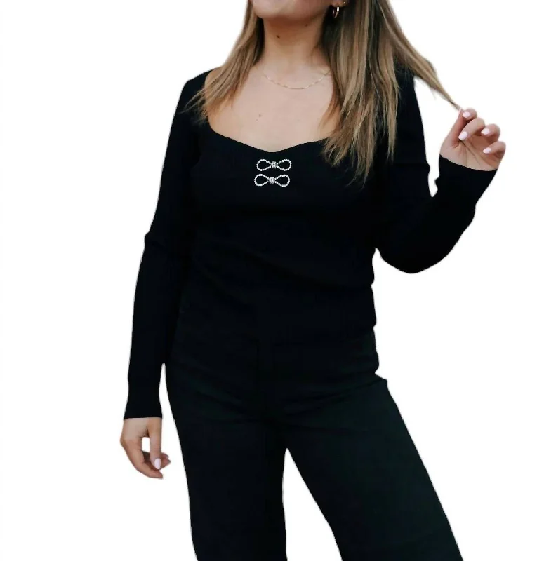 Exquisite Tailoring Rhinestone Bow Sweater In Black