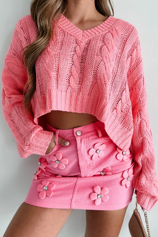 Relaxed Weekend Wear All About The Cuteness Cable Knit Crop Sweater (Pink)