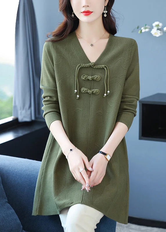 Personalized Outfit Classy Green V Neck Print Woolen Long Sweater Winter