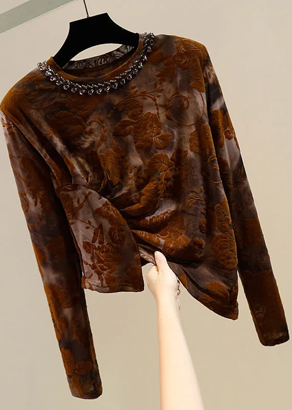 Cozy Shirts Art Brown Asymmetrical Wrinkled Nail Bead Cotton Knit Sweaters Winter