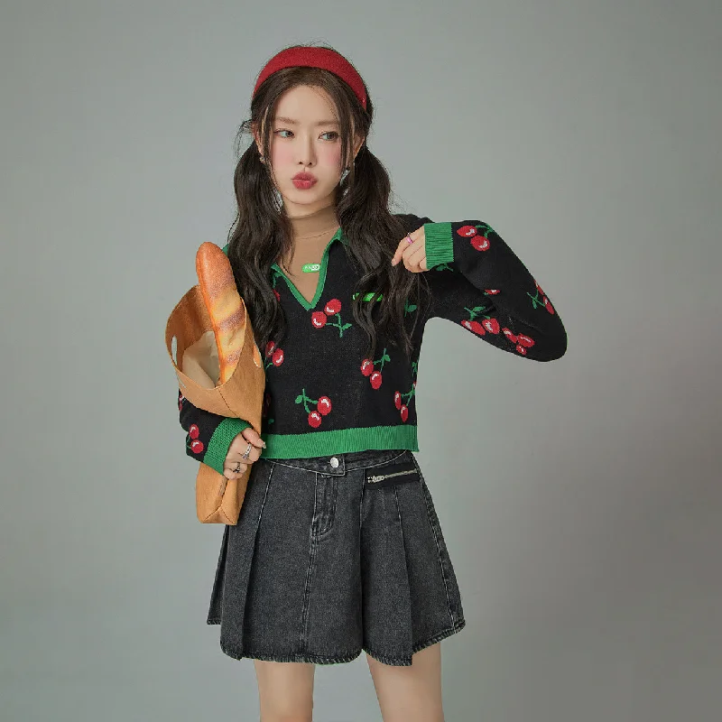 Fashion Elements Cherry Polo Collar Colored Crop Knit Sweater