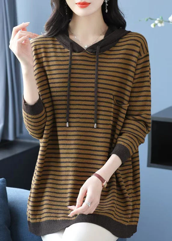 Cool Style Plus Size Yellow Hooded Striped Woolen Knit Sweaters Winter