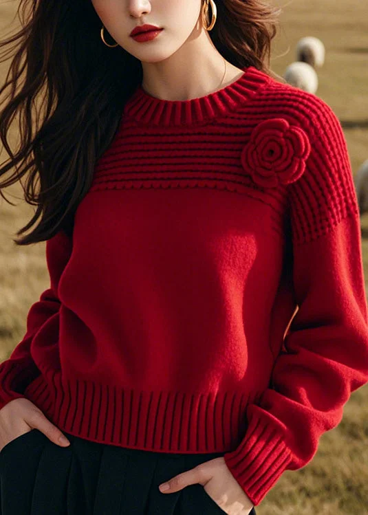 Trendy Casuals Handmade Red O Neck Thick Floral Knit Sweaters Winter