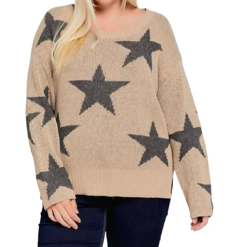 Simple Design Curvy Star Sweater - Plus In Taupe