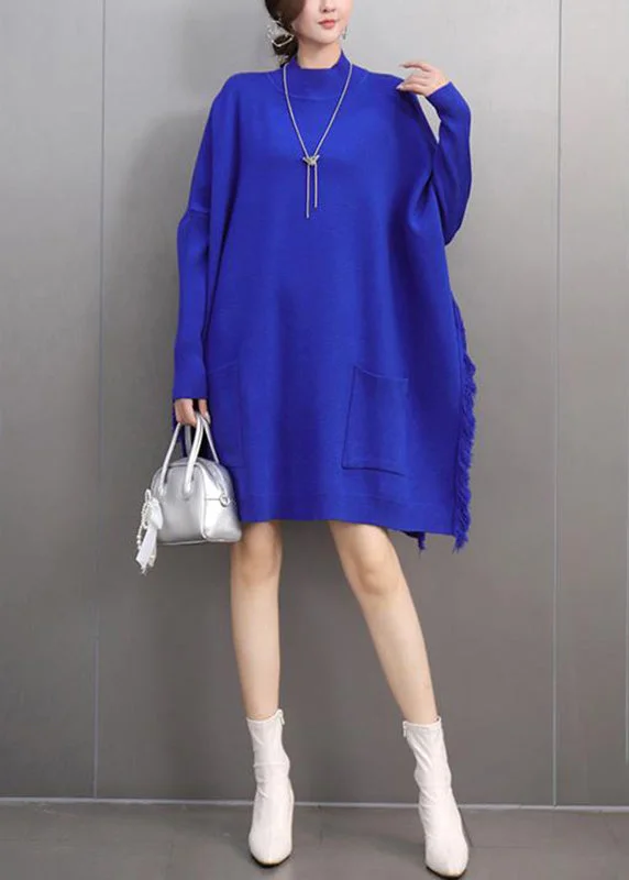 Exquisite Details Blue Side Open Cotton Knit Sweater Batwing Sleeve