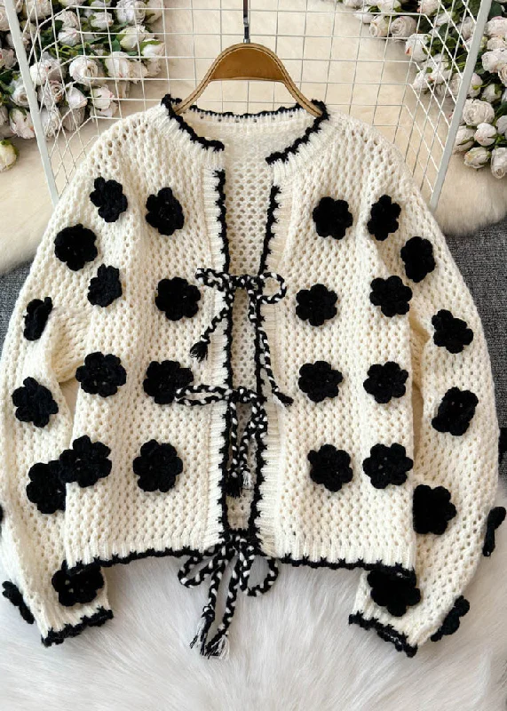 Elegant Wear French Apricot O-Neck Floral Tie Waist Cotton Knit Cardigans Spring