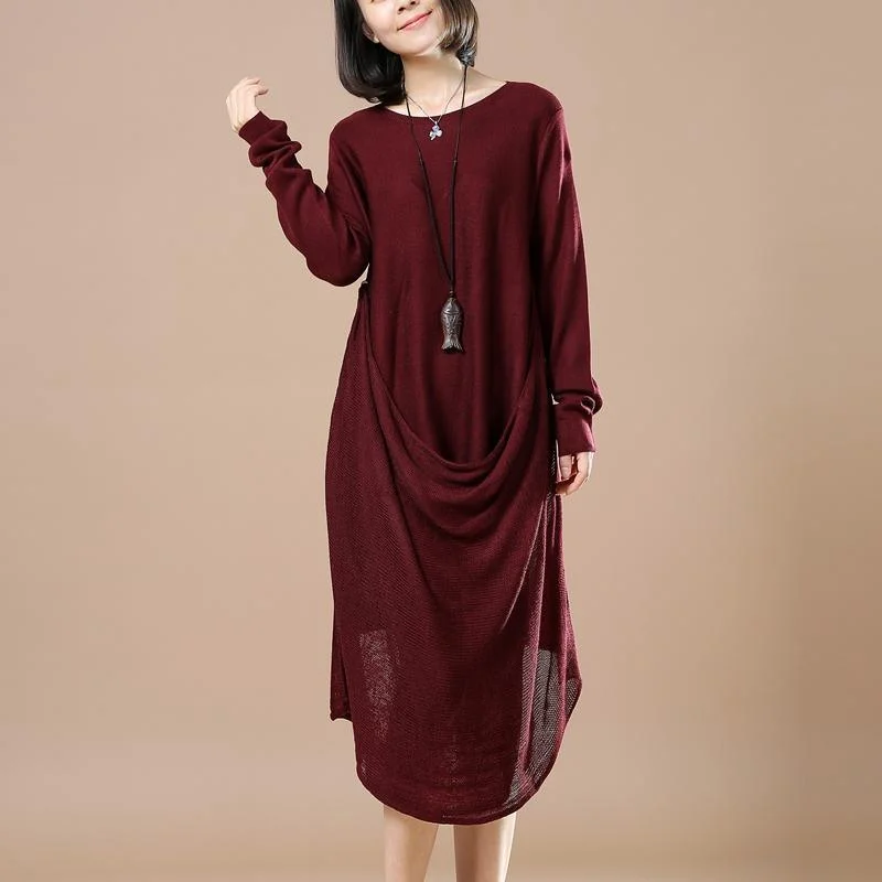 Burgundy winter dresses knitted sweaters woman