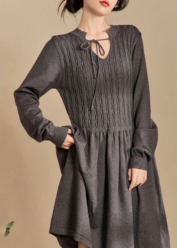 Timeless Outfits Elegant Grey Lace Up Solid Knit Dresses Spring