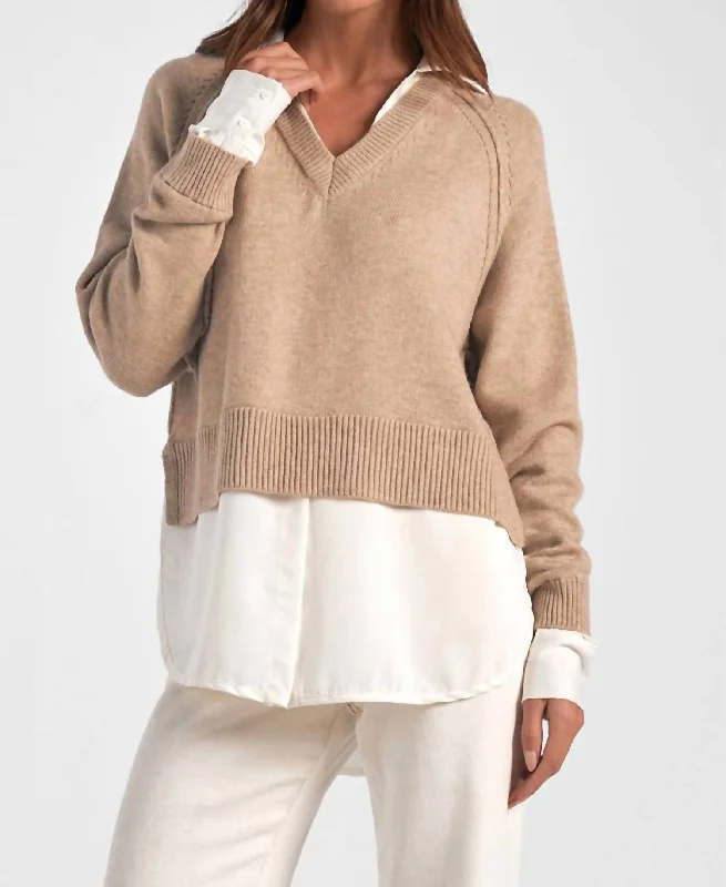 Effortless Wear Stevie Layered Sweater/shirt Combo In Taupe/white