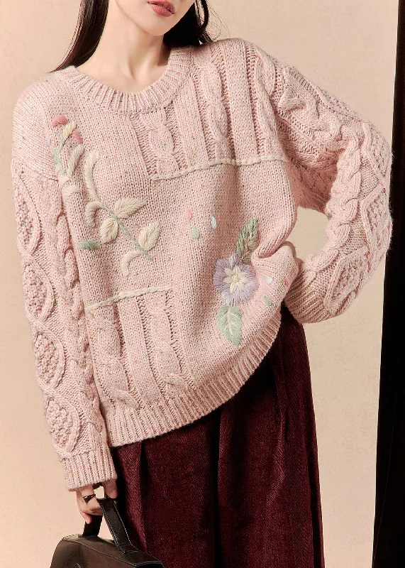 Comfy Chic Wear Pink Embroidered Loose Knit Sweater O-Neck Spring