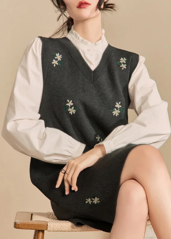 Comfortable And Versatile New Grey V Neck Embroidered Knit Dresses Sleeveless