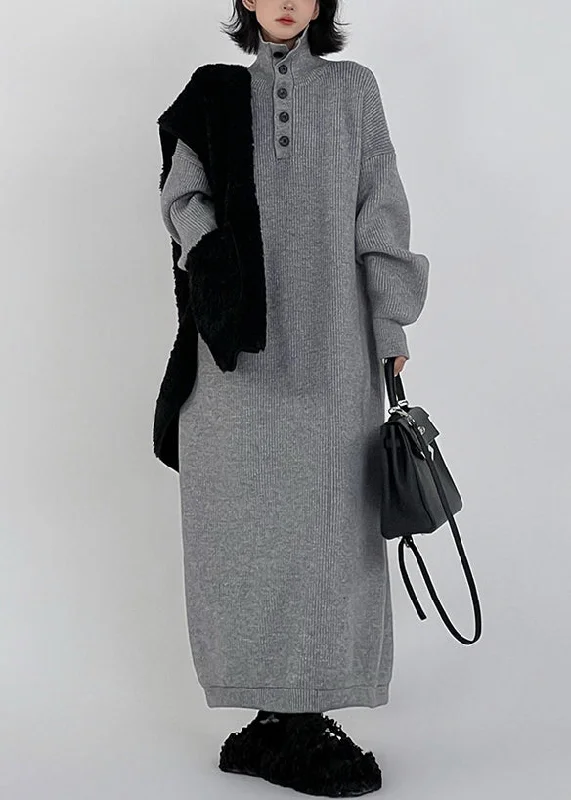 Exquisite Craftsmanship Chic Grey Hign Neck Button Long Knit Sweaters Dress Winter