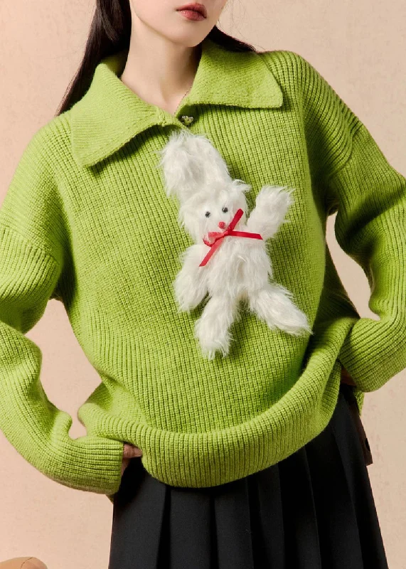 Cozy Essentials Women Green Peter Pan Collar Patchwork Knit Sweaters Winter