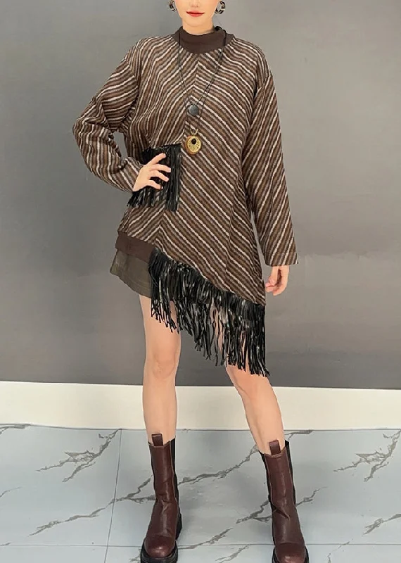 British Style Bohemian Brown O-Neck Asymmetrical Tassel Wool Knit Long Sweater Dress Winter