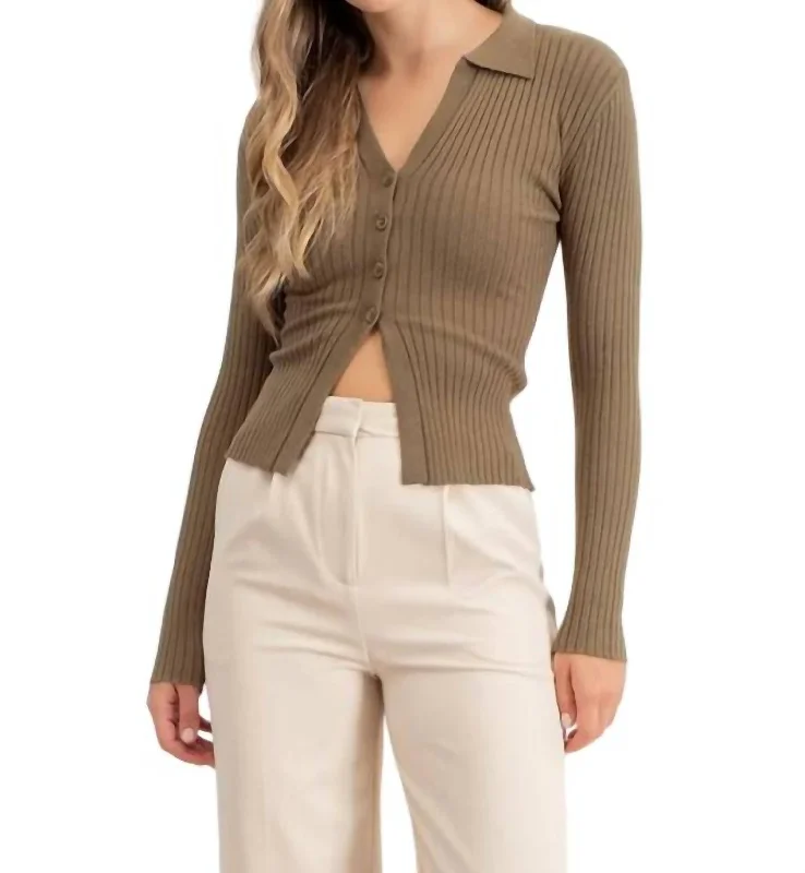 Design Must-have Collared Button Front Long Sleeve Sweater In Olive