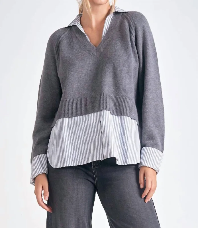 Floral Prints Stevie Layered Sweater/striped Shirt Combo In Chacoal