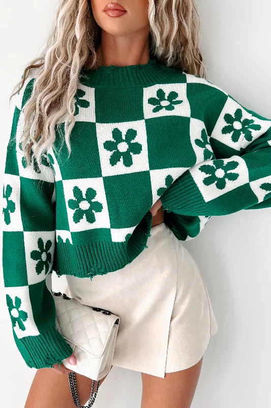 British Style Beauty & Brains Checkered Floral Sweater (Green/Cream)